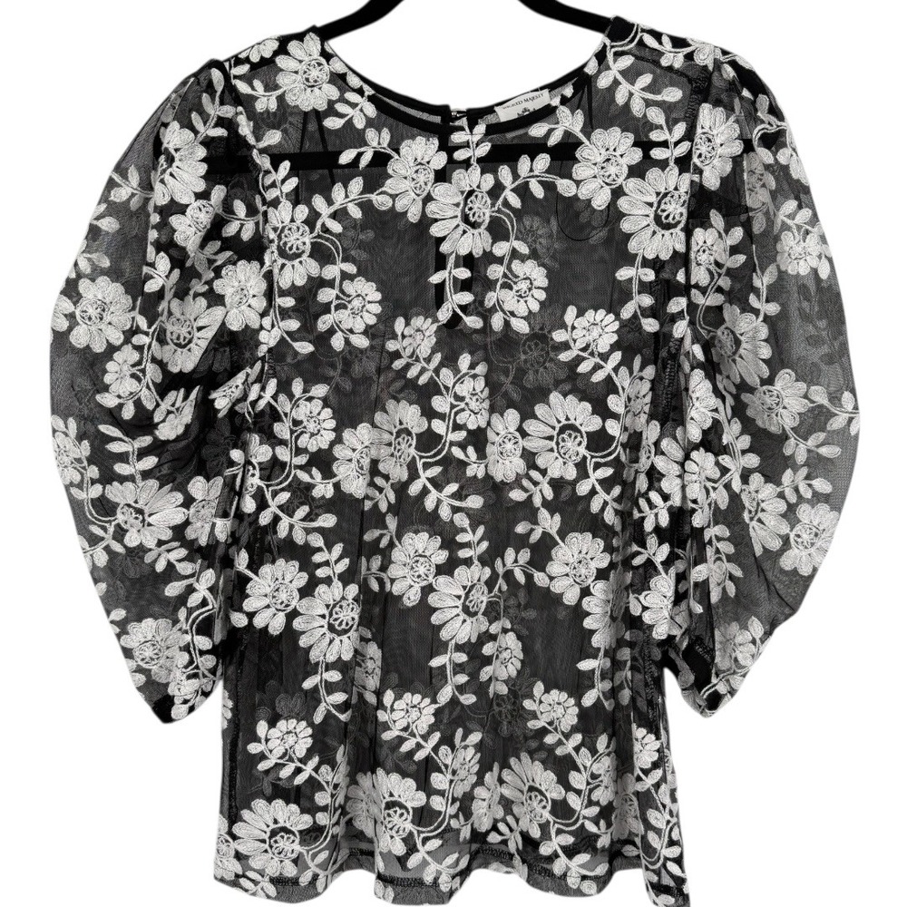 Wicked Majesty Women's Black White Floral Lace Puff‎ Sleeve Sheer Top Size Large